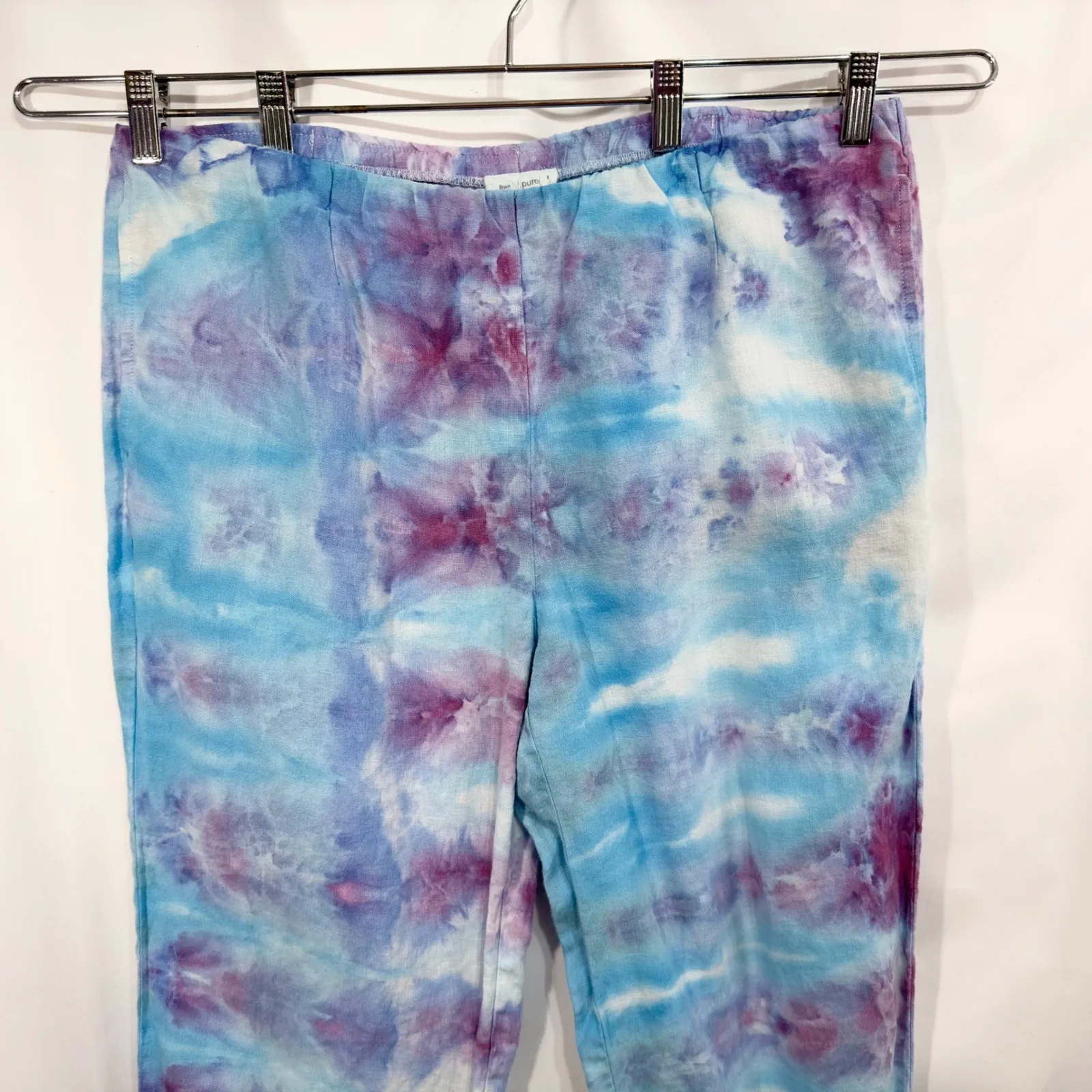 Pure Jill Medium Linen Pants Handmade Tie Dye Blue Purple Cropped Pull On 221 - Image 3