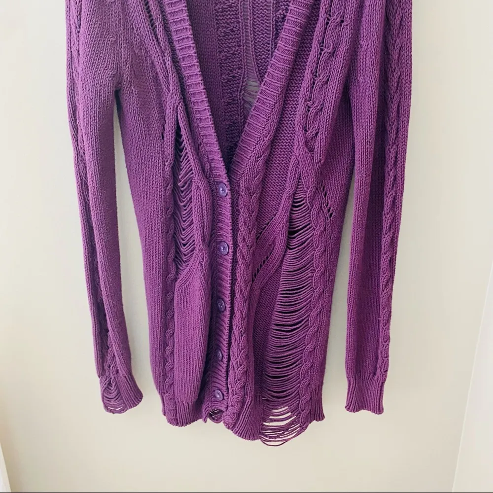 Silver Distressed Long Sleeve Knit Button Cadigan Purple Sz XS - Image 3