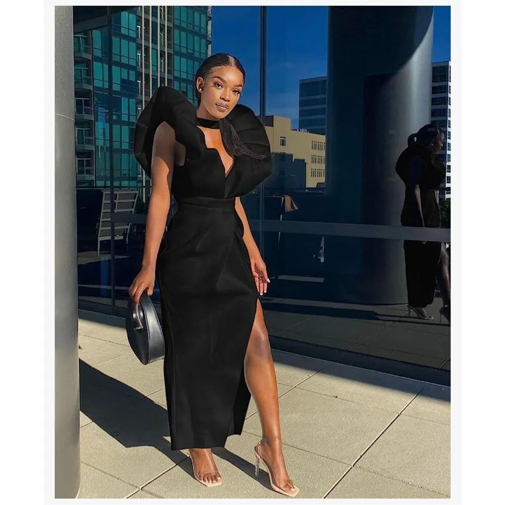 NEW Deep V Neck Puff Sleeve Side Split Ruched Backless Gown Dress L Black Size L - Image 5