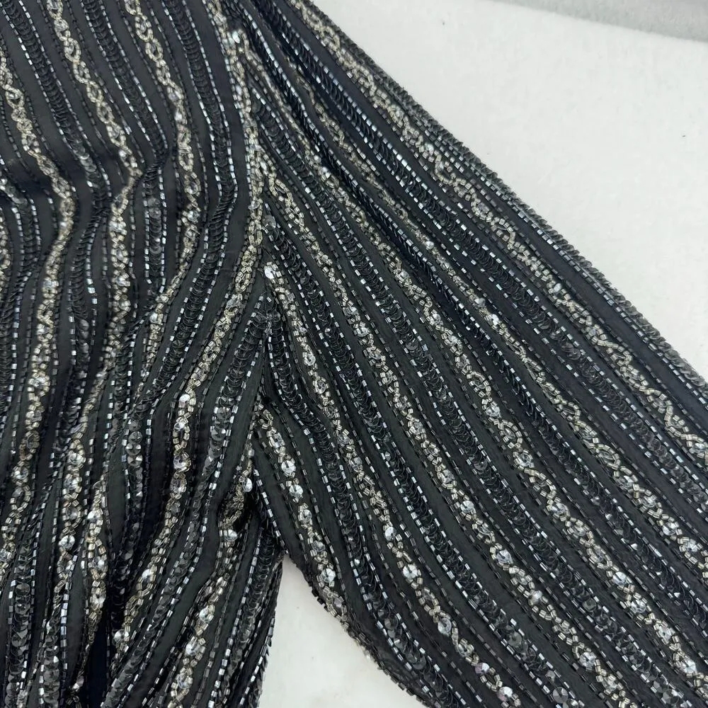 Vintage Papelle Boutique black and silver silk Beaded Evening Jacket size XL - Image 5