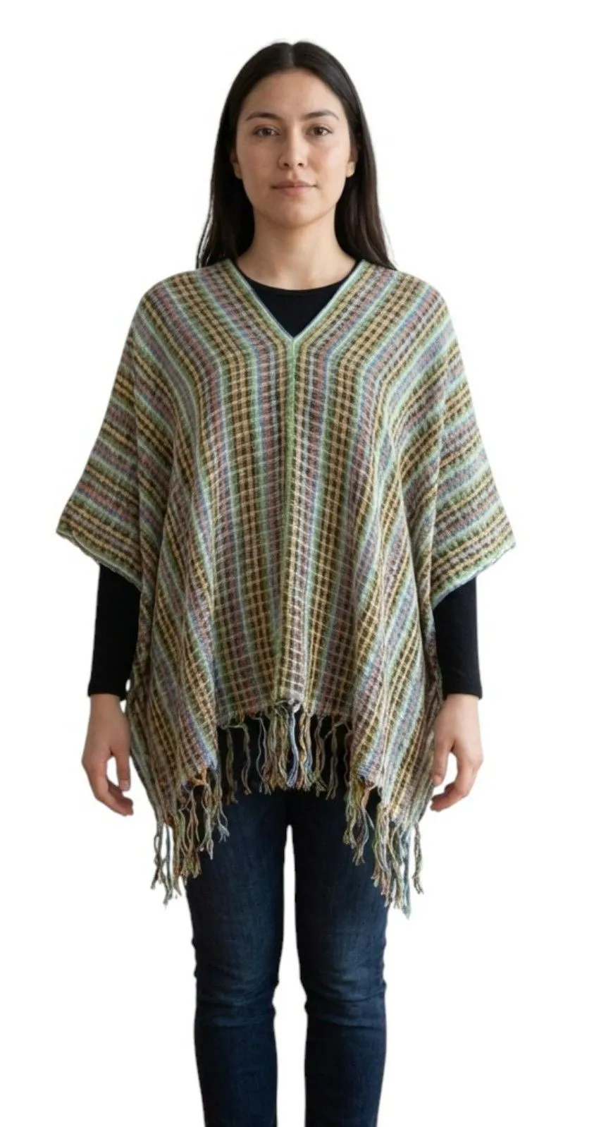 Handwoven Oaxaca Multicolor Fringe Poncho Shawl One Size Boho Artisan Mexico Blue - Image 1