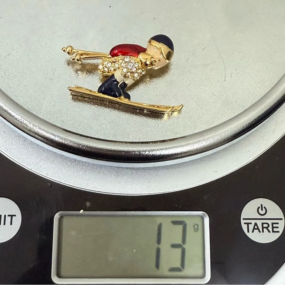 Vintage Regency Accessories Enameled Rhinestone Skier Gold Tone Brooch Pin 13g. - Image 10