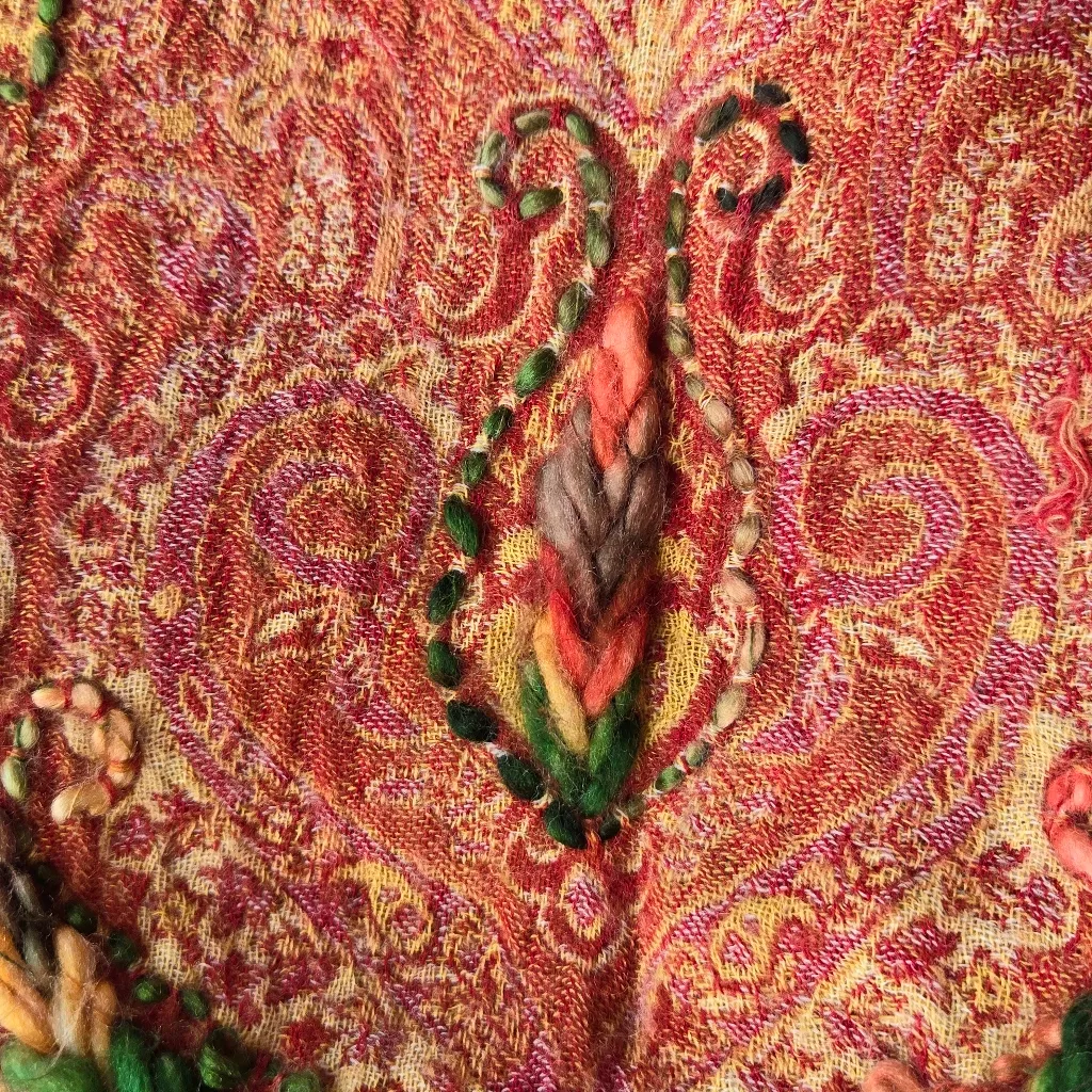Shawl wool floral embroidered kalahari shawl scarf 68” x 26” Red - Image 7