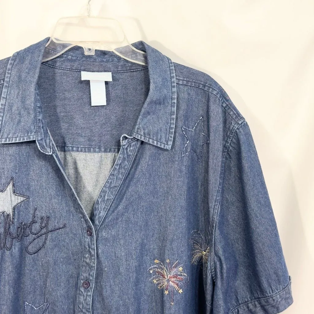 Liz & Me‎ Plus Size 34W 36W Denim Top Fireworks Americana Fourth of July 1464 Blue - Image 4