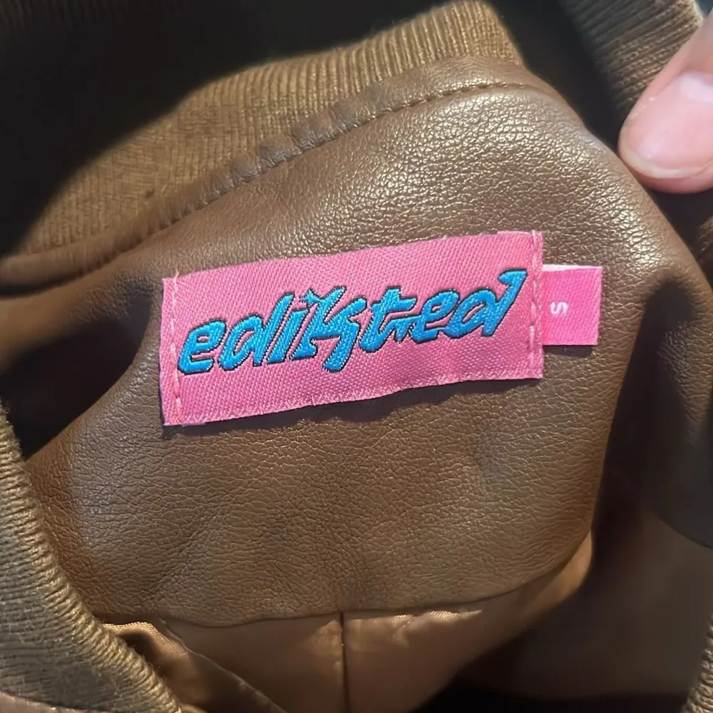 Edikted Vegan Leather Quilt Lined Oversized Brown Bomber Jacket, Size S - Image 7