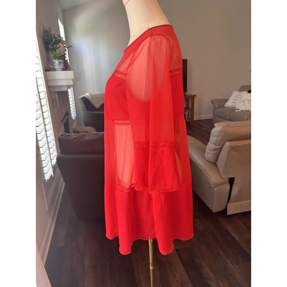 Womans Vintage Nightgown Nighty Sheer Lingerie Lorraine Short Red Size Small 70s - Image 5