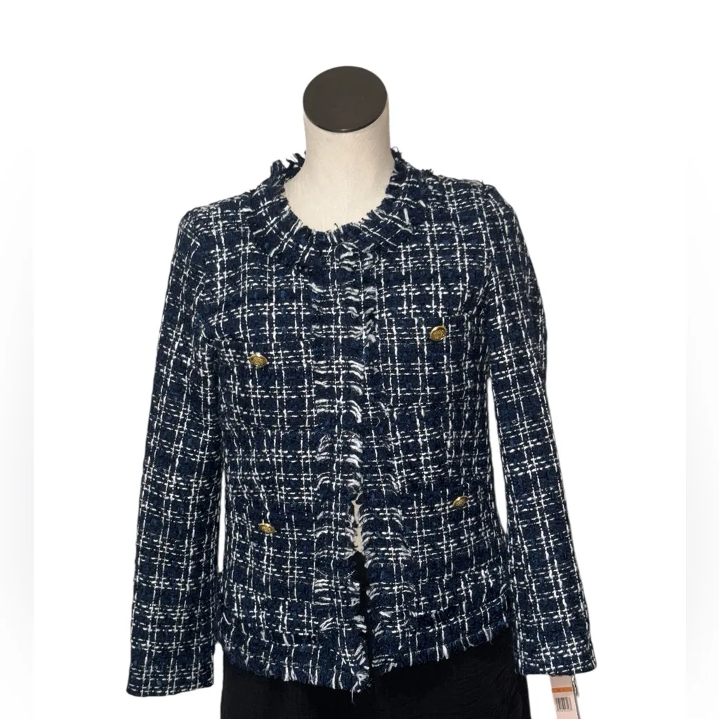 NWT Nanette Lepore Bouclé Tweed Jacket Oversize Navy Small - Image 2