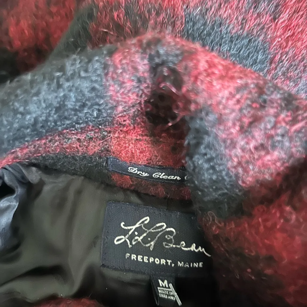 VTG L.L. Bean Alpaca Wool Blend Plaid Barn Red And Black Belted Collared Medium - Image 6