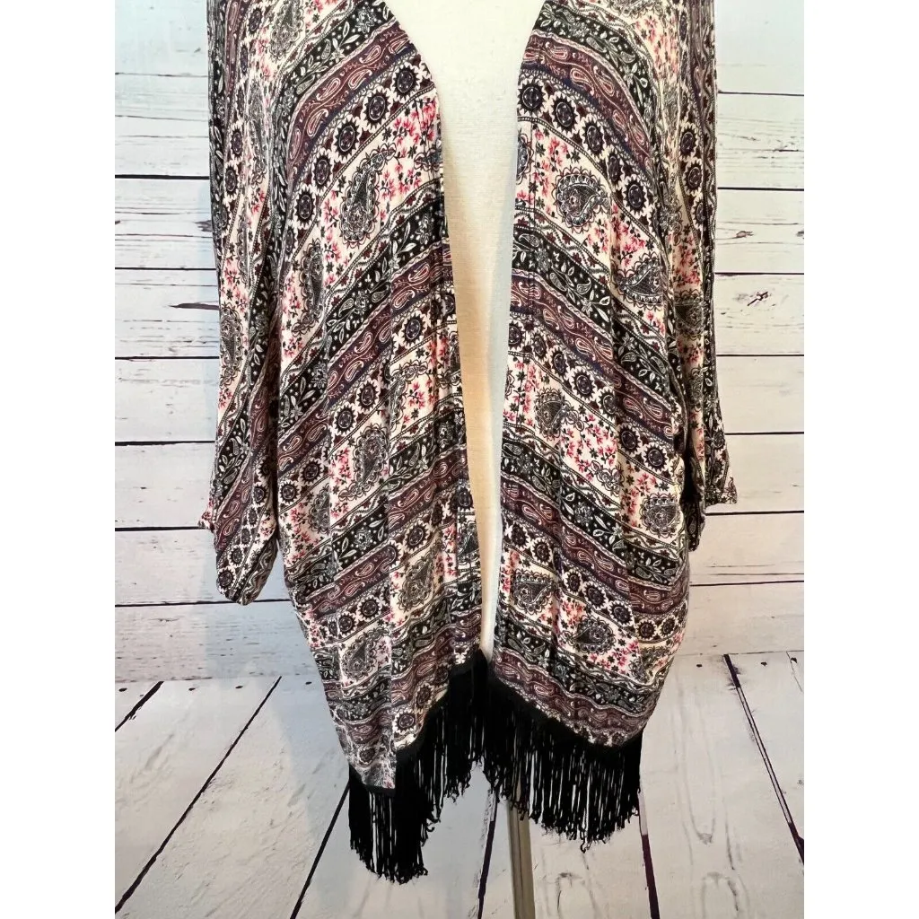 Mauve Open Front Cardigan Lagenlook Fringed Paisley Sweater Shirt Medium ST8232 Pink - Image 7