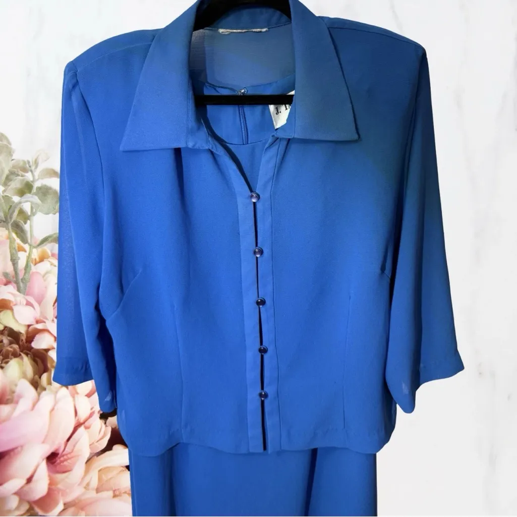 J. Taylor Vintage 80’s Set 2 Piece Blue Asymmetrical Dress Sheer Blazer Sz 14 - Image 3