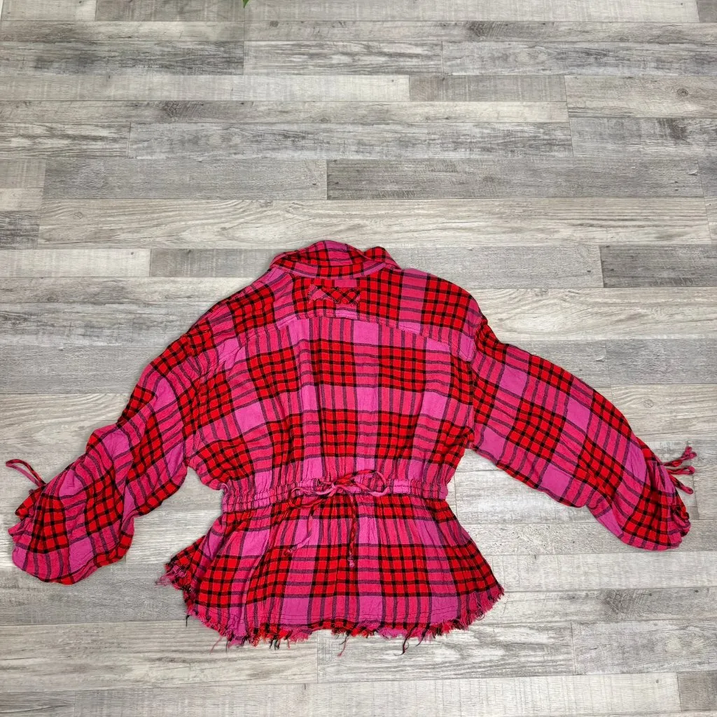 Free People We The Free pink red plaid flannel elastic waist size medium R33 - Image 7