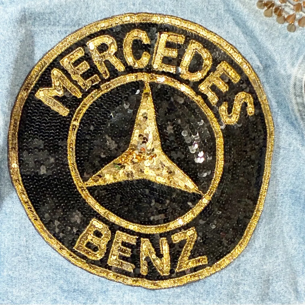 Mercedes Benz Black Gold Sequin Spike Shoulder Cropped Denim Jacket Blue Size undefined - Image 4