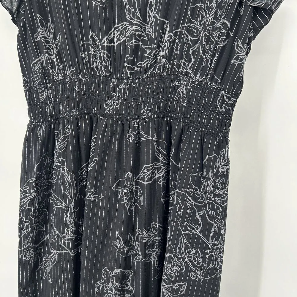 NEW Gap Black Floral Tiered Midi Dress Smocked Flutter Sleeves Metallic Size XXL - Image 4