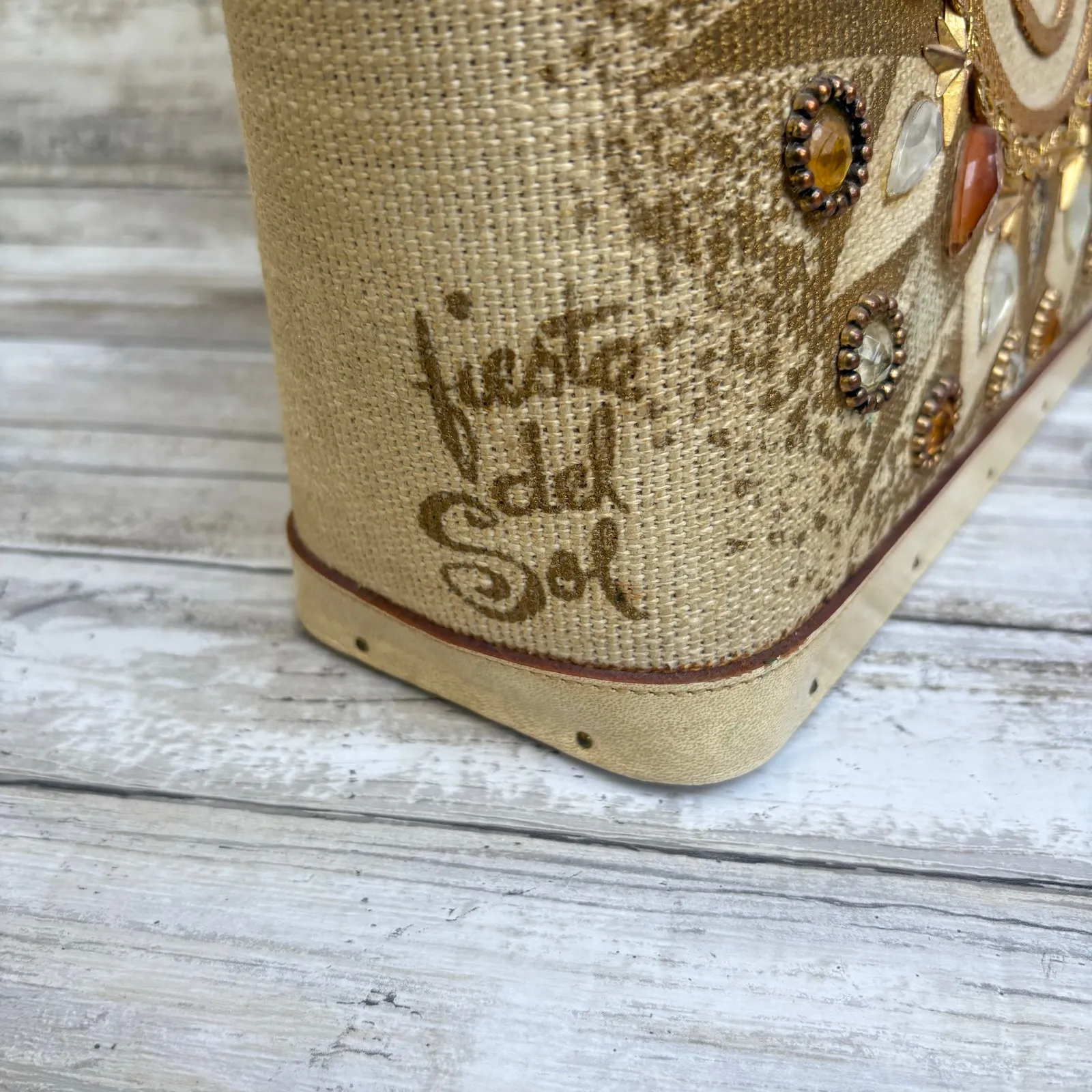 VTG Enid Collins of Texas Purse Fiesta del Sol Canvas Wood Jewels Sun Celestial Tan - Image 6