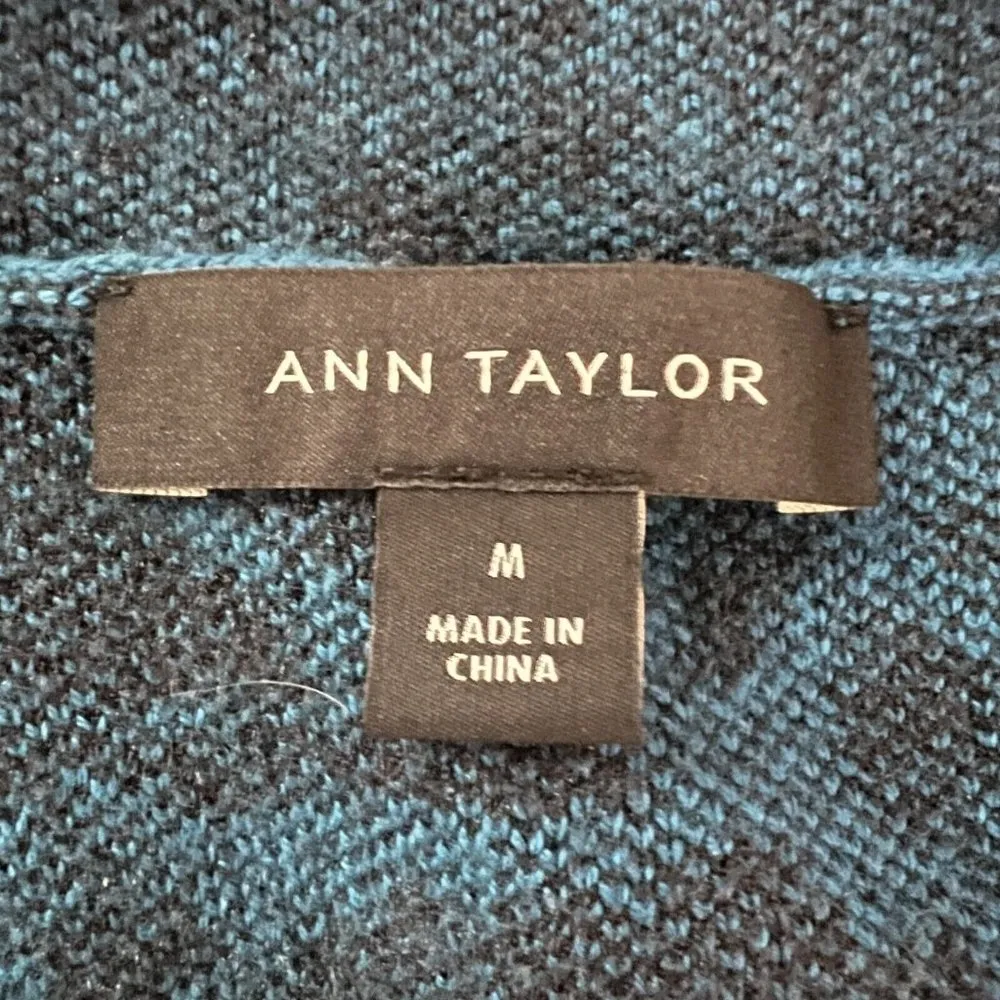 Ann Taylor Sweater Womens Medium Teal Black Floral Jacquard Easy Crew Neck Comfy - Image 7