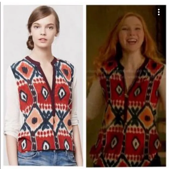 Anthropologie Tiny Brand Sima 3/4 sleeve V-neck Aztec Print Top Blouse Sz S - Image 2