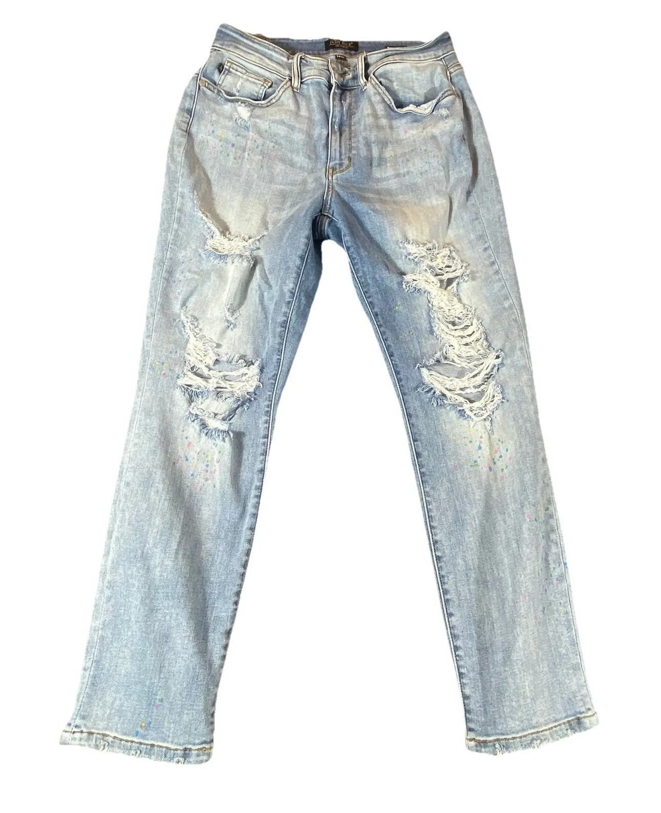 Judy Blue Jeans Womens 14 Distressed Boyfriend Fit Paint Splatter Stretch Unique - Image 1