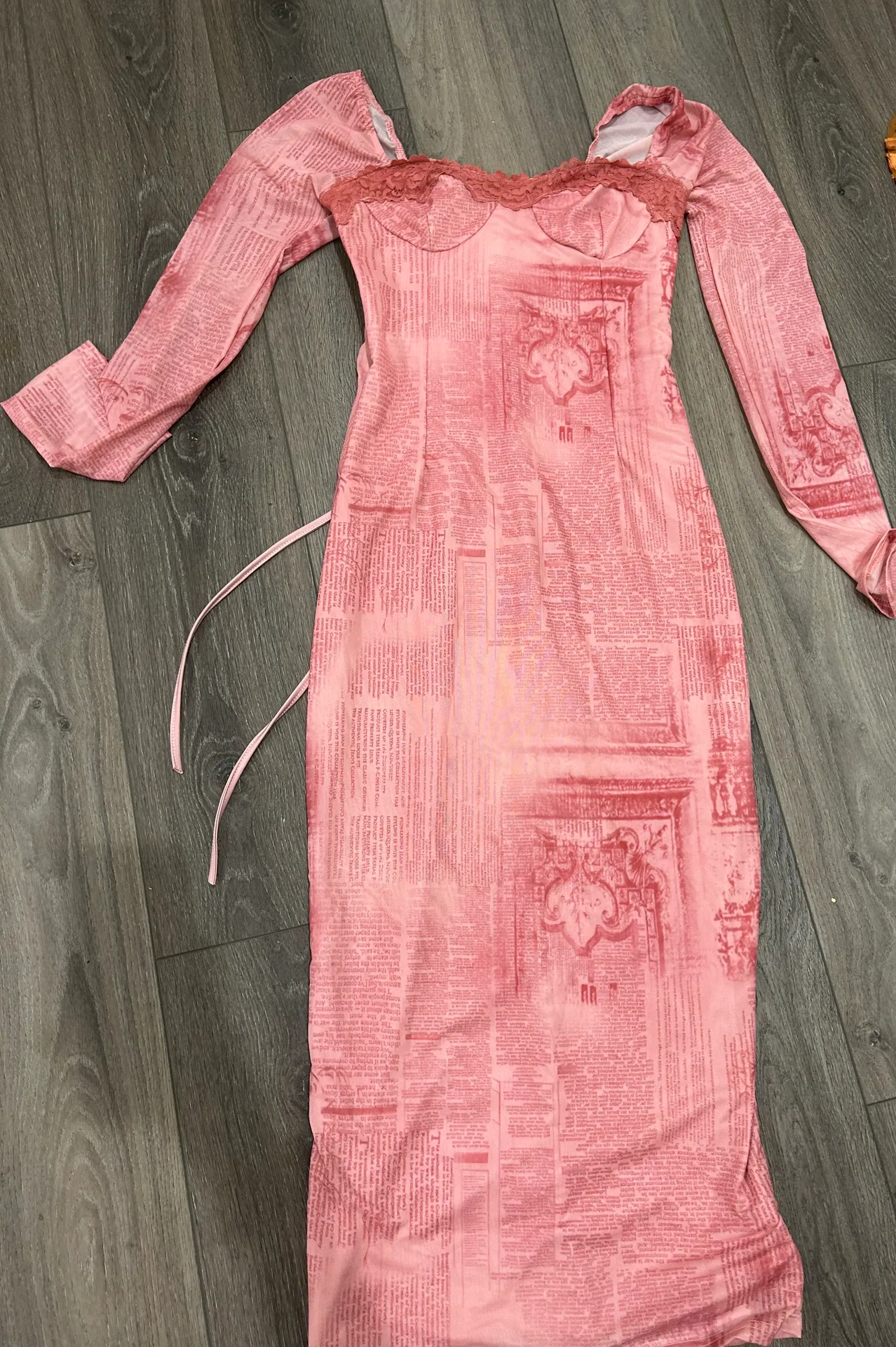 Corset Mesh Midi Dress, pink retro print, fitted long sleeves, lace up back Size L - Image 3