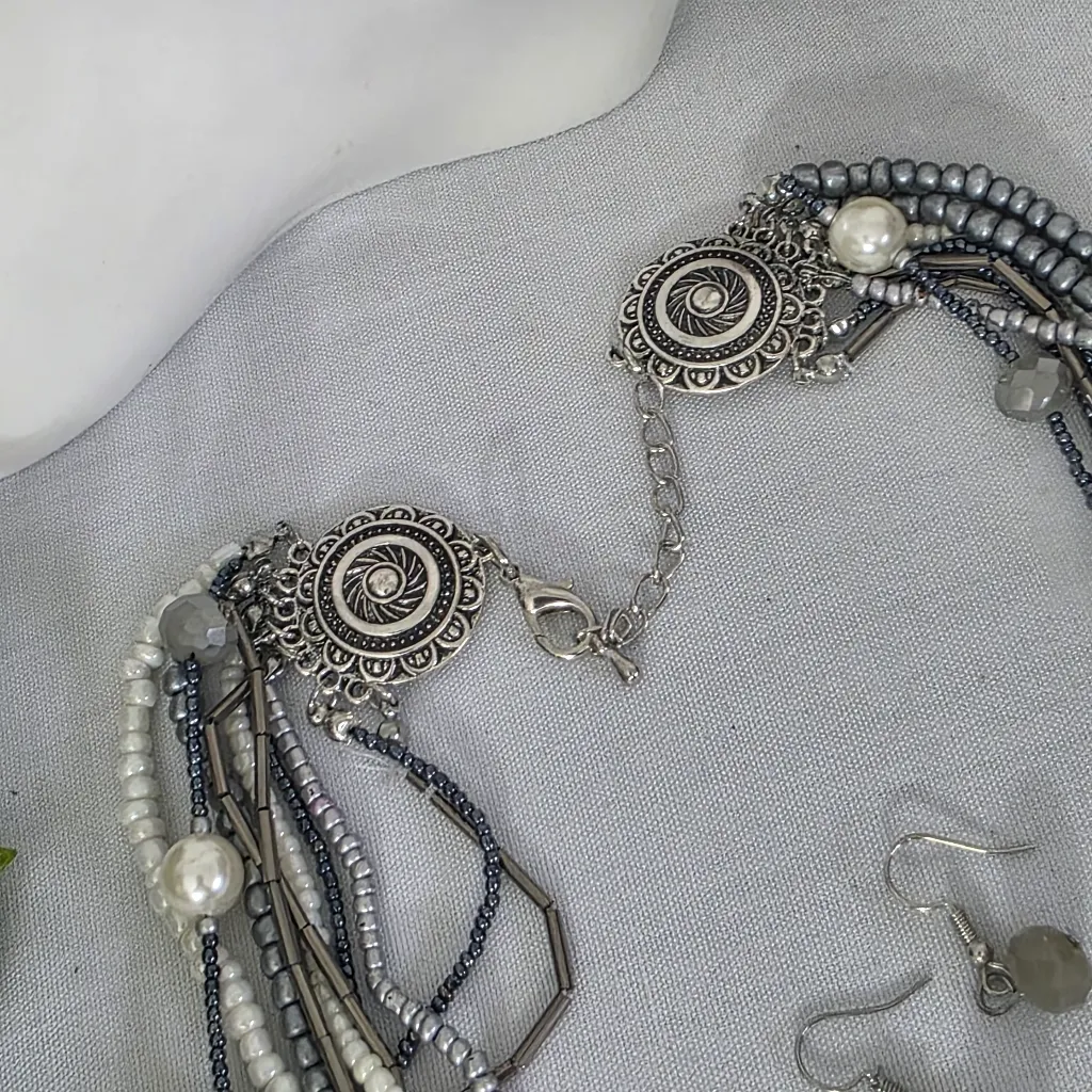 Silver Statement Long Multi Strand Necklace and Earrings Set - Image 4