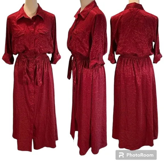 NWT Millennium Red Silky Short Sleeve Elastic Tie Waist Midi Dress Size Medium - Image 2