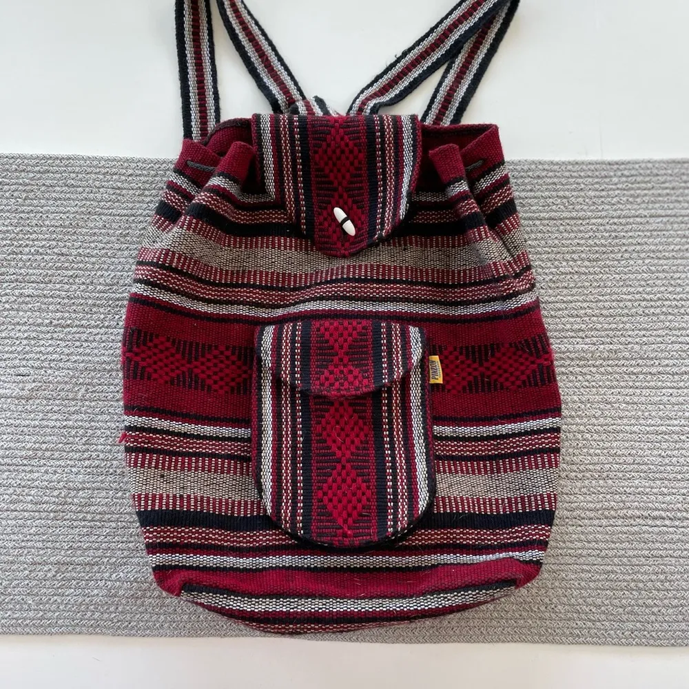 Vintage Artesian Black Red Wool Blend Tribal Boho Woven Backpack with Drawstring - Image 10