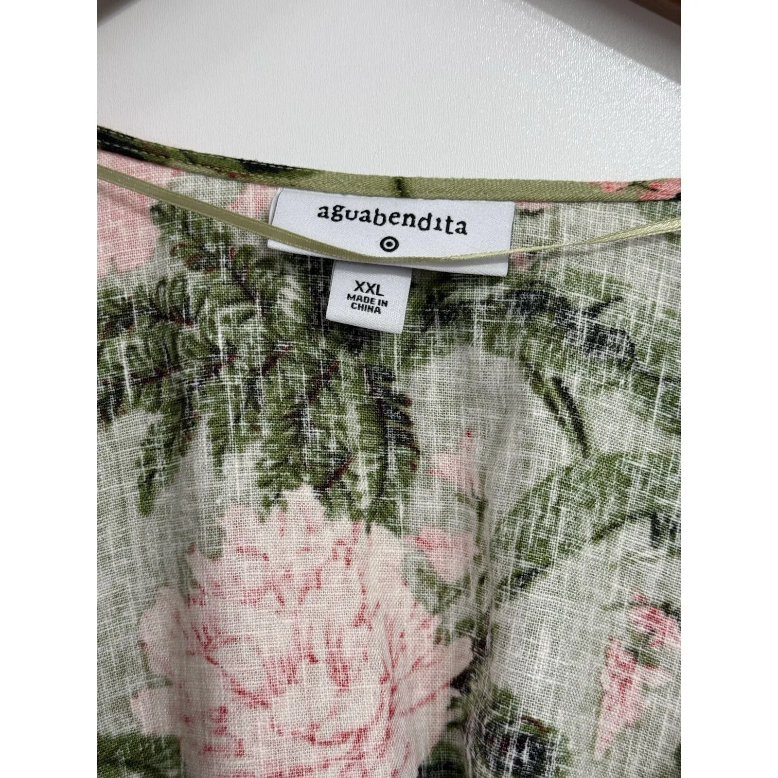 Aguabendita Target Floral Green Pink XXL Peony Print Wrap Top Blouse Linen Blend - Image 4