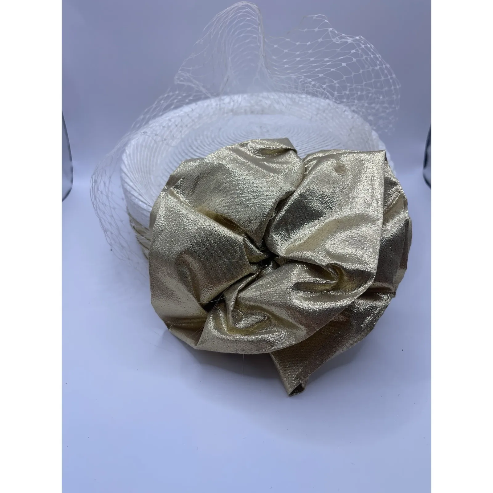 Vintage Church Hat White‎ And Gold Brim Fancy Bow Kentucky Derby - Image 4