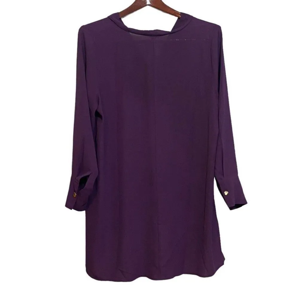 Eloquii Purple Plum Long Sleeve Tunic Hi Low Sheer V-Neck Shirt Blouse - Image 2