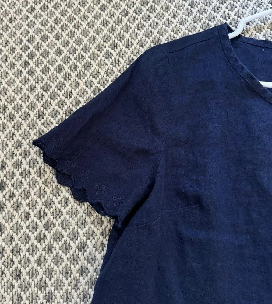 J. Crew 100% Linen Scallop Cross Back Top Size 2 Navy Blue beach coastal - Image 4