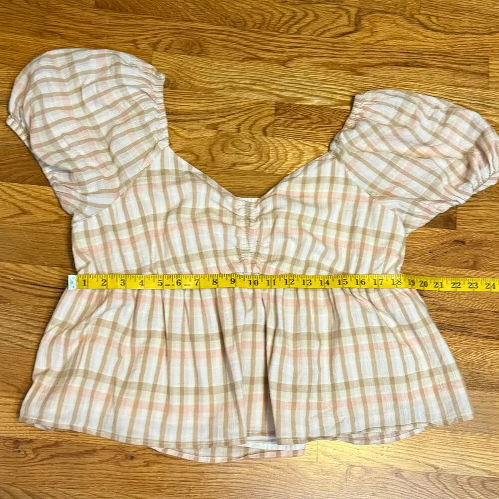 BP Women’s Plus 1X Brown Pink Plaid Puff Sleeve Peplum Top Cotttagecore Prairie - Image 6