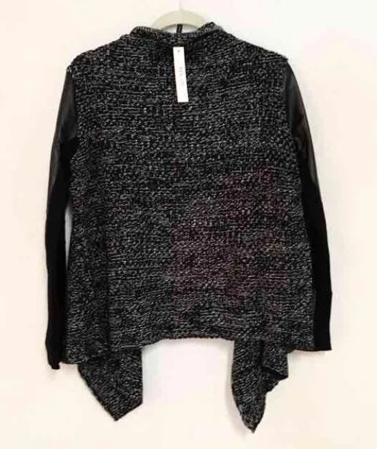 Leather Sleeves Knitted Knit Sweater Cardigan Black - Image 2