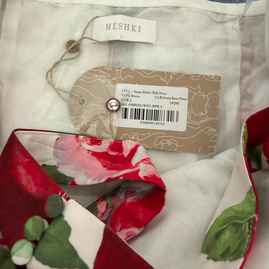 Meshki Juana Floral Halter Dress Red Roses NWT Women’s Large - Image 6