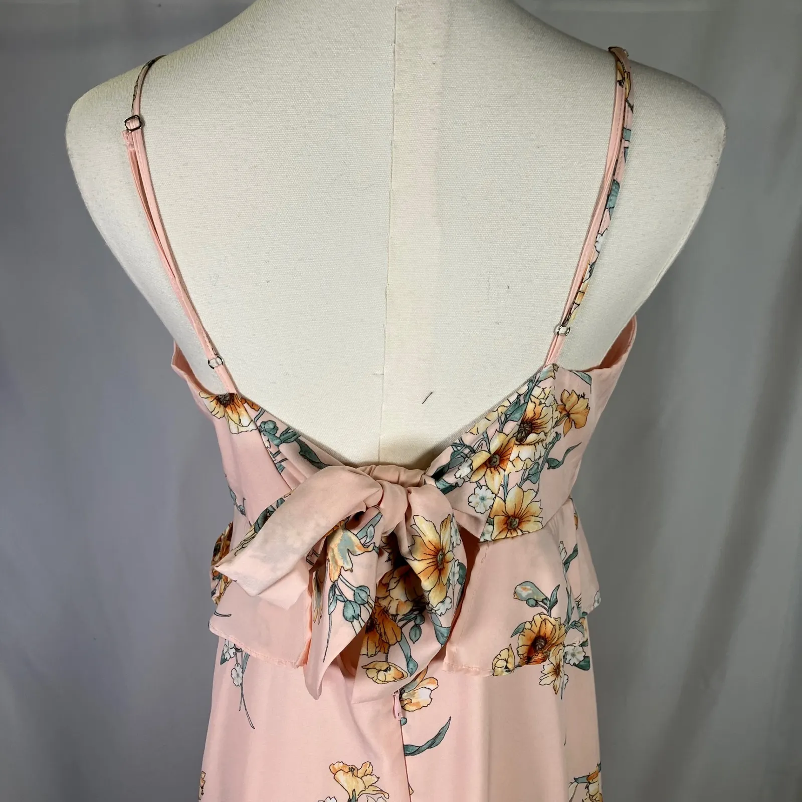 Lush Floral‎ Maxi Dress Women's Medium Pink Yellow Sleeveless Ruffle Tie Back - Image 9