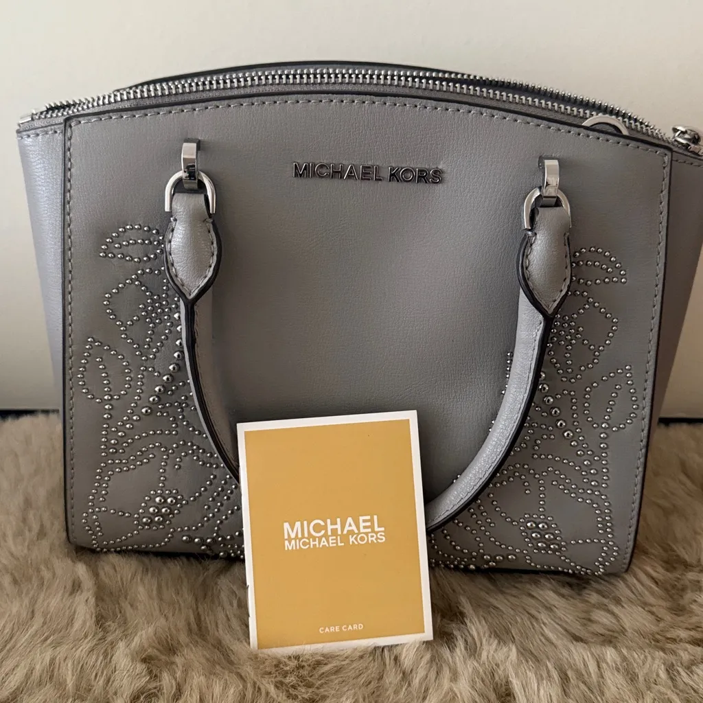NWT Michael Kors Gray Leather Silver Studded Satchel - Image 5
