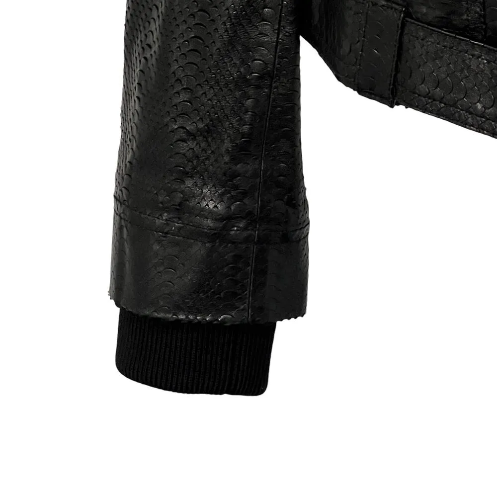Alice + Olivia  Lamb Leather Python Moto Jacket Black Asymmetrical Zip Pockets M - Image 4
