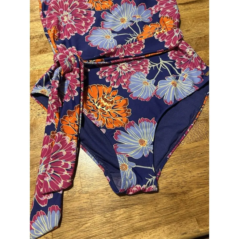 Jones New York One Piece Swimsuit Floral One Shoulder Tie Waist Medium Beach - Image 5