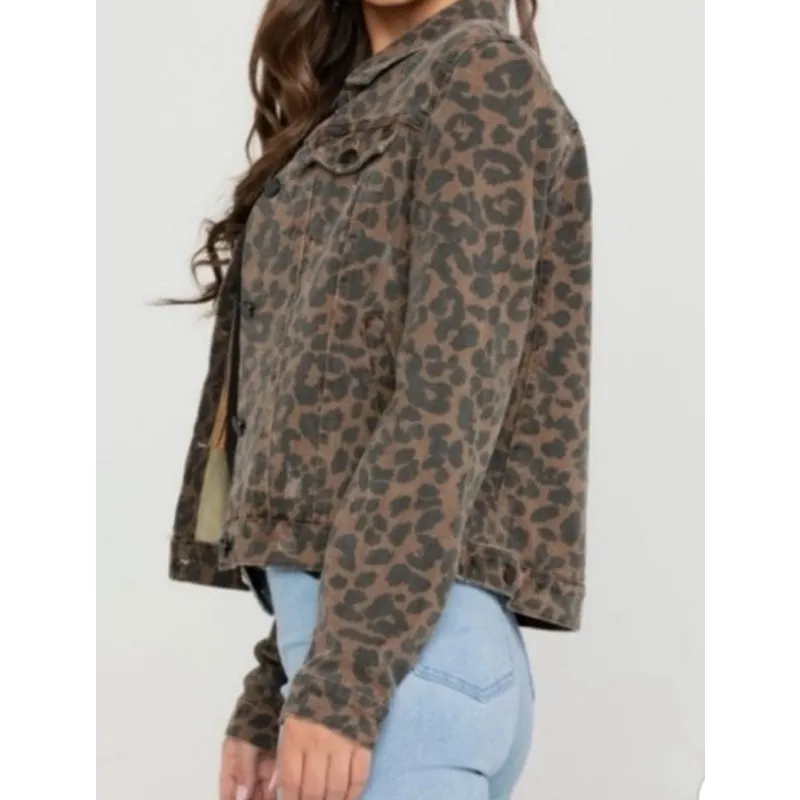 ELAN Leopard Print Cropped Denim Jacket Button Front Cotton Size L - Image 3