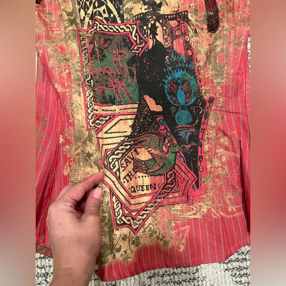 Save The Queen Coated Button Down Artsy Print Long Sleeve Mesh Blouse Pink - Image 12