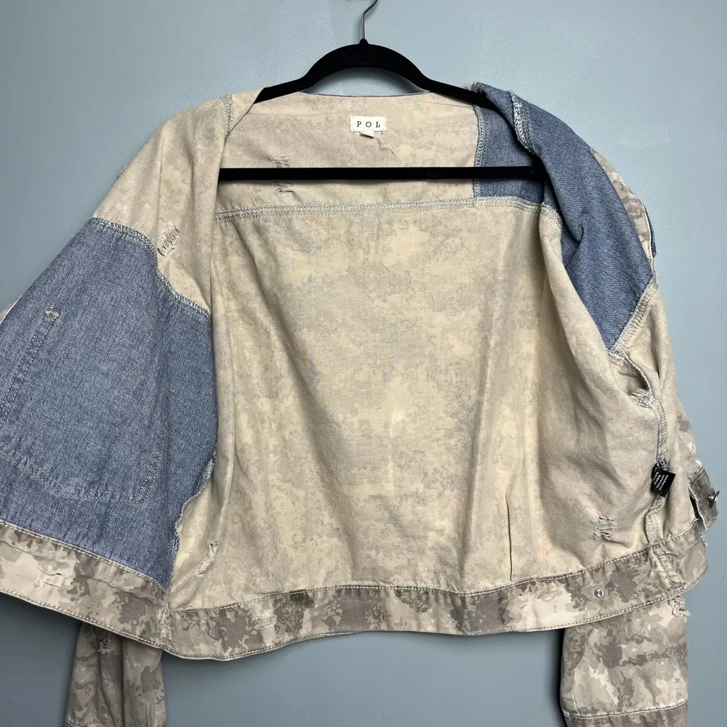 POL Never Too Much Camo Denim Patchwork Twill Jacket Womens Size L - Image 3