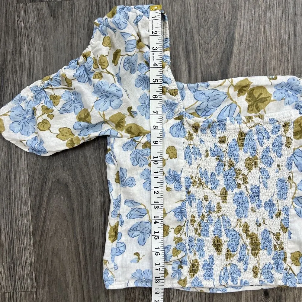 Joie Linen Linen Puff Sleeve Shirred Blue White Floral Blouse Size XL - Image 6