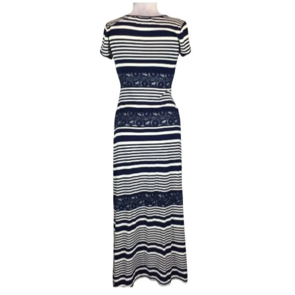 Nurture Striped Maxi Dress With Lace Insets Size L Short Sleeve Scoop Neck Blue Size L - Image 2