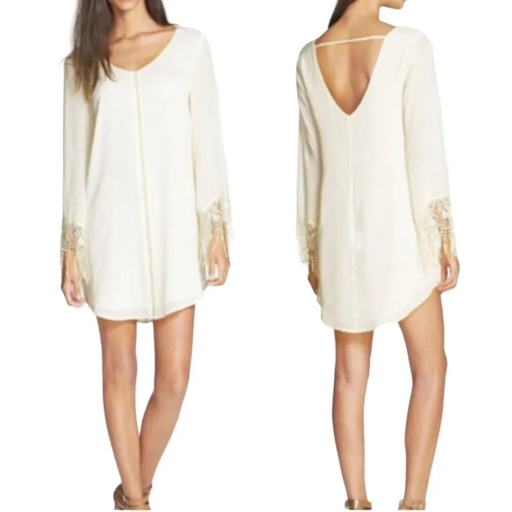 ASTR Cream Shift Dress Embroidered Lace Fringe Boho Western cowgirl Tunic - Image 2