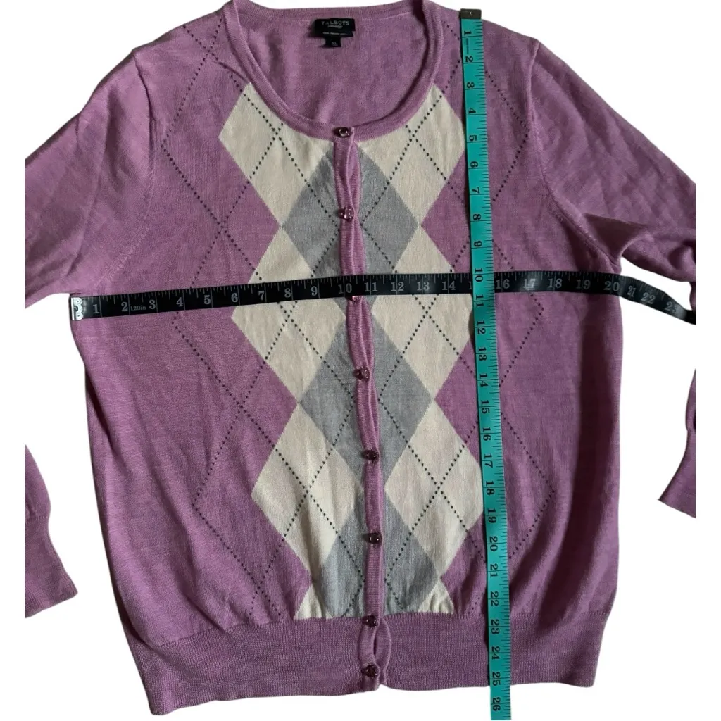 Talbots Womans Argyle 100% Italian Merino Jeweled Button Up Cardigan Purple 1X - Image 4