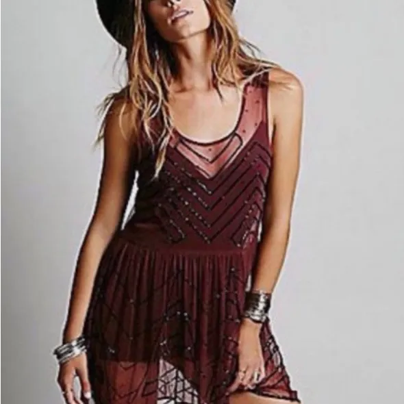 New Free People beaded sheer Marsala Pink Black Mesh slip dress Fall Holiday - Image 4