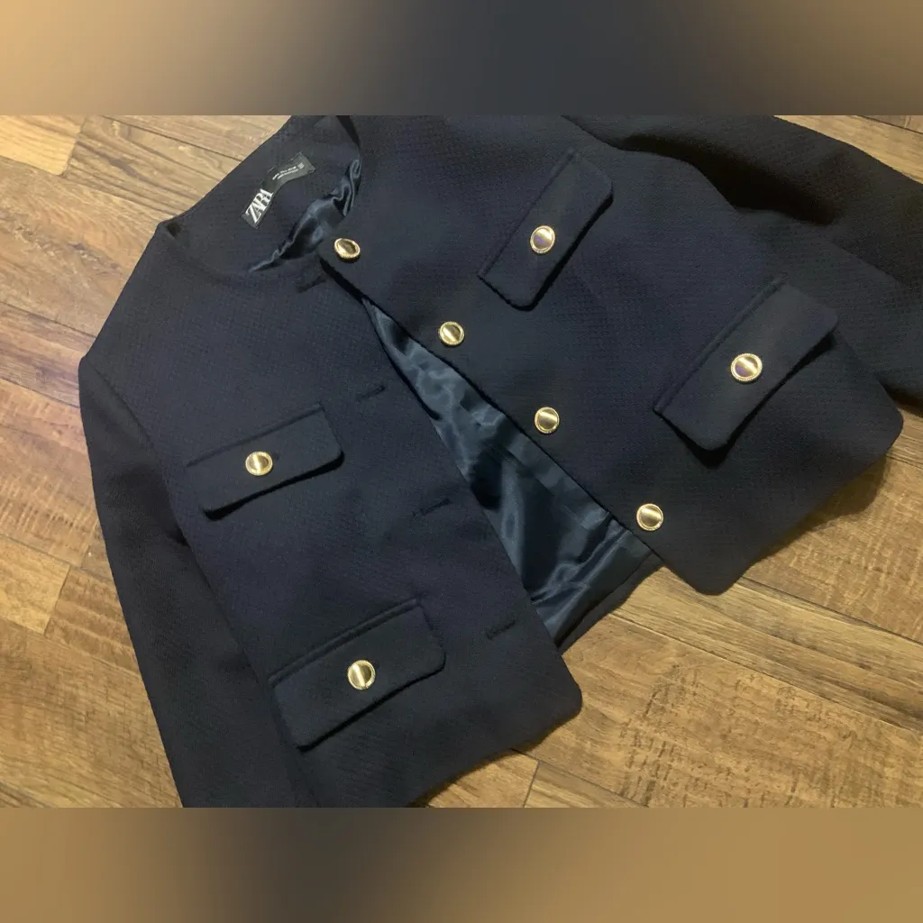 Zara CROPPED FLAP JACKET navy nwot gold button classic fall evening blogger fav - Image 3