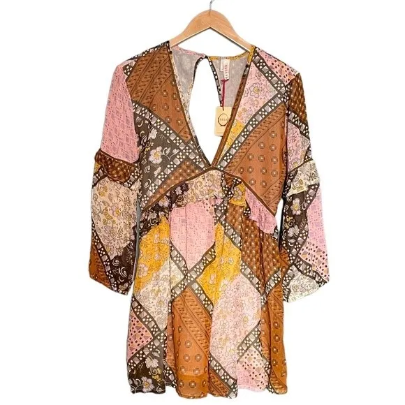 NWT Raga Dress Jenya Retro Patchwork Mini Brown Multi Size XS NEW Boho Bohemian - Image 3