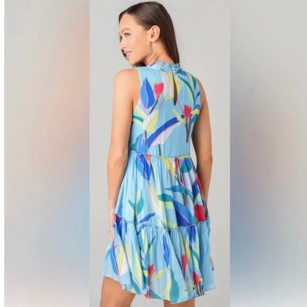 Tuckernuck Oliphant Blue Floral Tropical Ruffle Tiered Mini Dress Size Large - Image 2