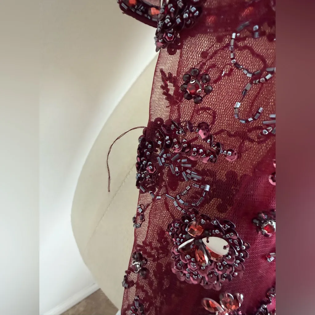 Rachel Allan Burgundy Sequin Beaded Halter Long Sleeve Top, Size 8 Red - Image 4