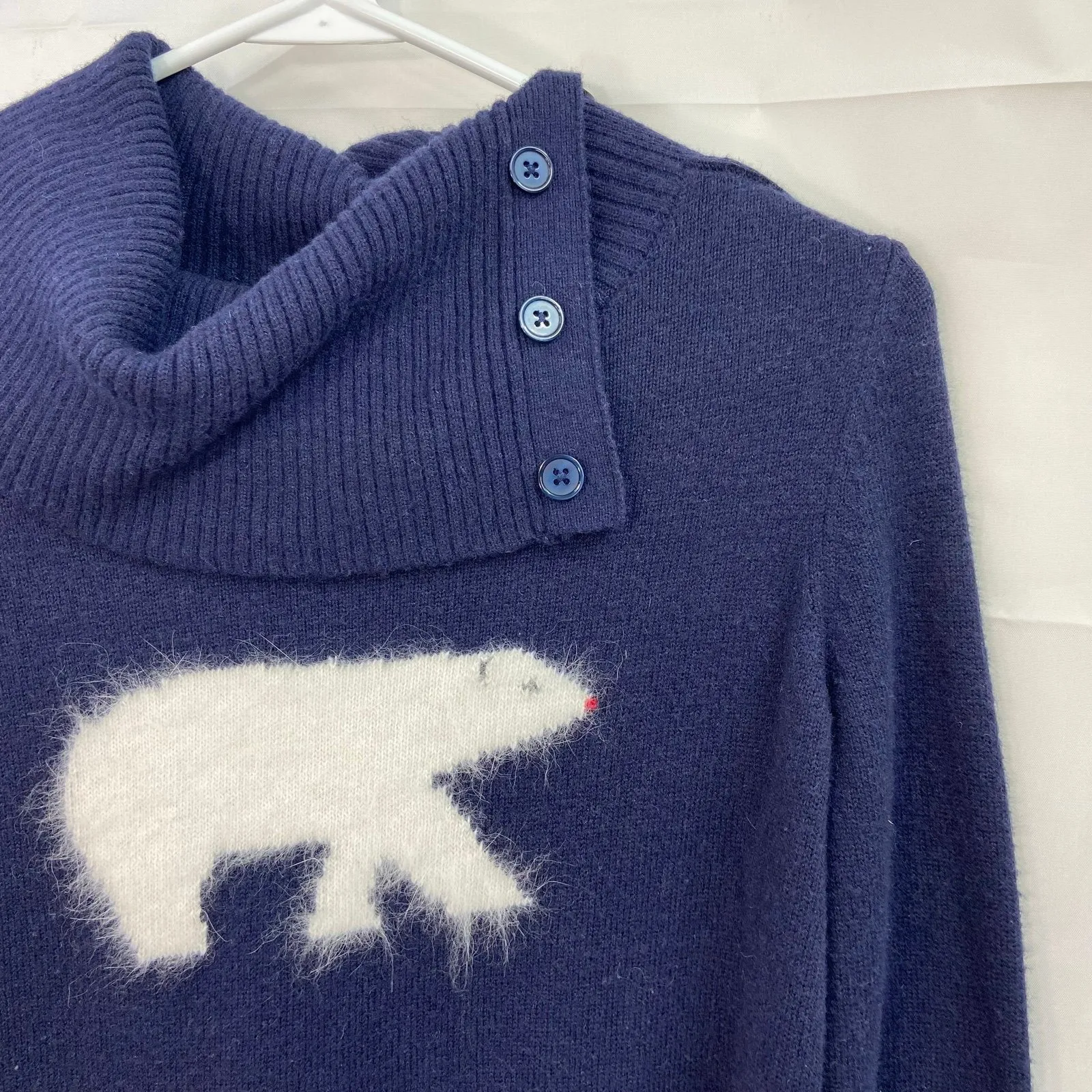 Talbots women's navy‎ polar bear cowl neck button soft lambswool sweater small - Image 2