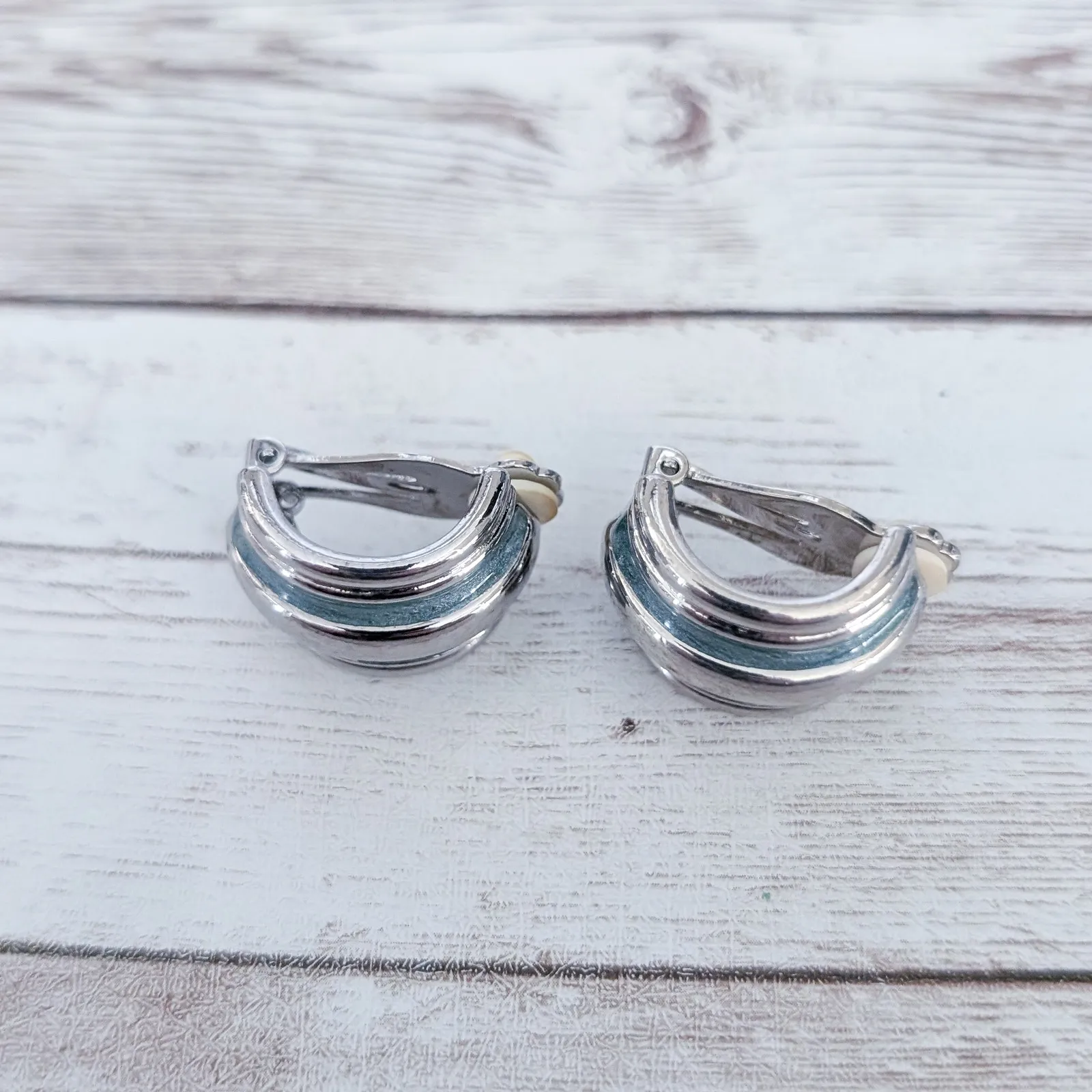 Vintage Clip On Earrings Dusky Blue & Silver Tone Half Hoops Chunky Statement - Image 7